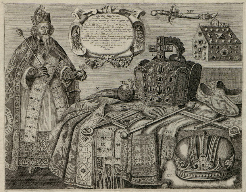 A császári koronázás kellékei. Illusztráció a császári dísztárgyakról és ékszerekről (Forrás: Fürstlich Waldecksche Hofbibliothek, Bad Arolsen, Németország